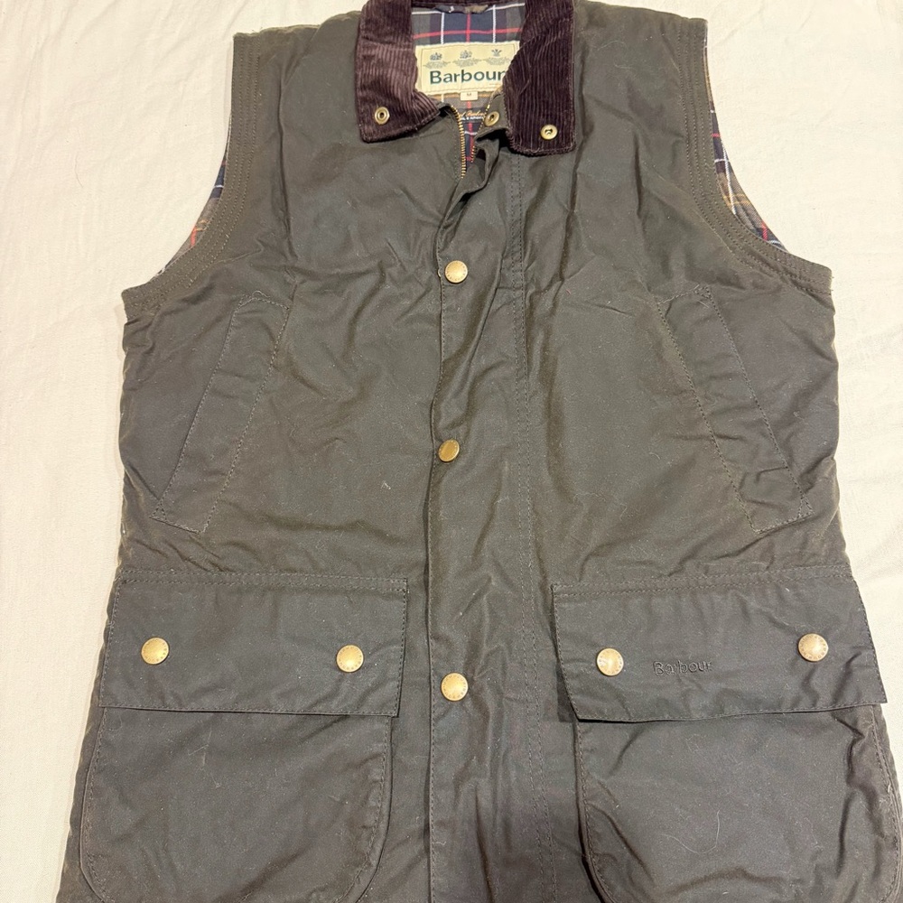 Barbour Olive Green Waxed Cotton Vest with Corduroy Collar